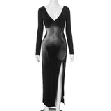 Slit long sleeve deep V neck print backless maxi dress