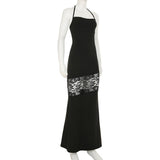 Square neck self tie halter lace slit maxi dress