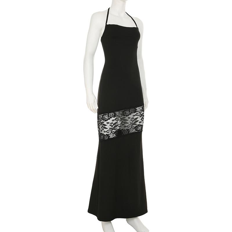 Square neck self tie halter lace slit maxi dress