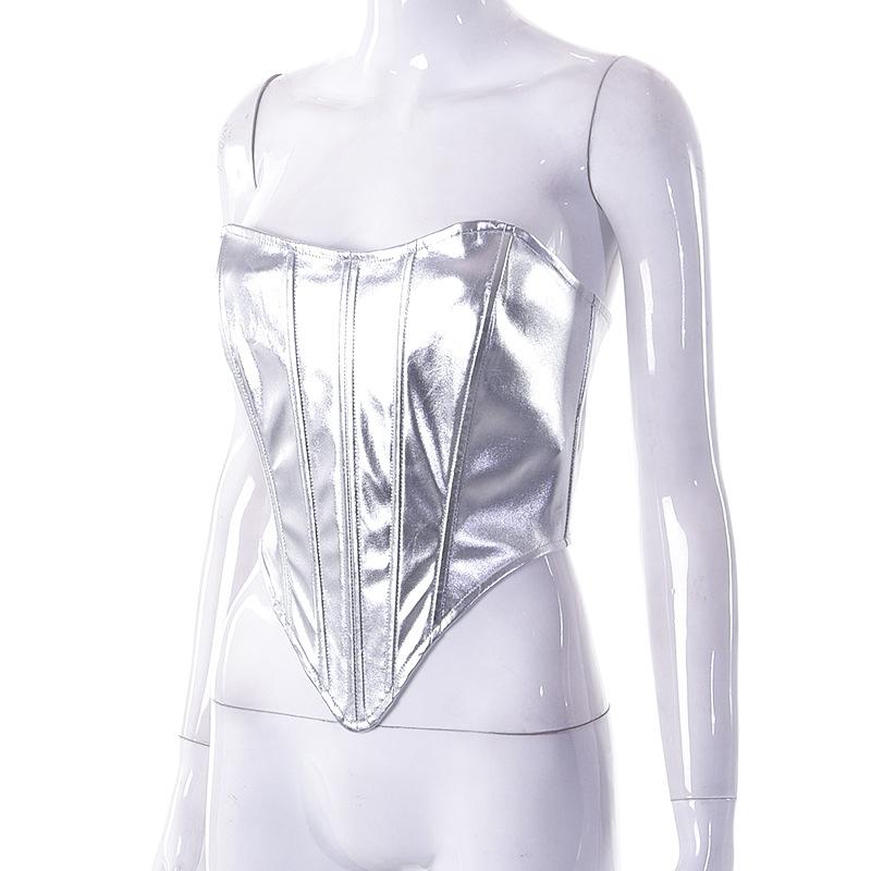 Metallic lace up corset backless tube top