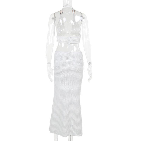 Halter hollow out slit self tie irregular midi skirt set