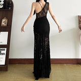 Vestido largo camisola liso con fruncido de encaje irregular 