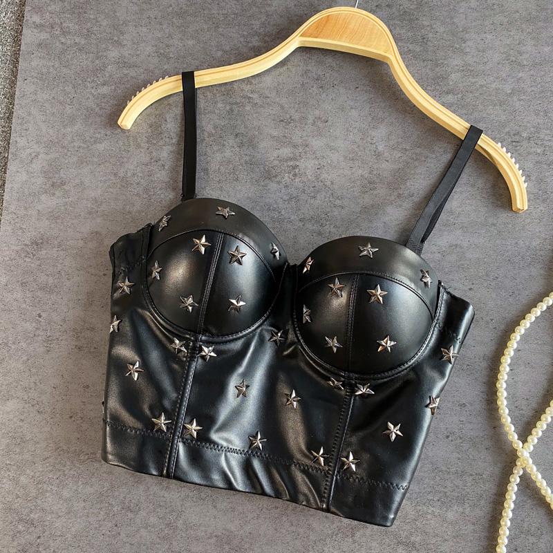 Haut caraco boutonné en cuir PU avec appliques étoiles 