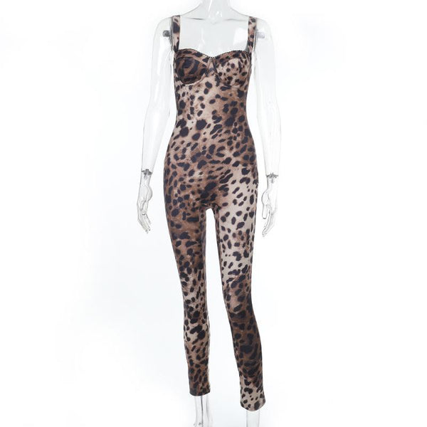 Leopard print v neck backless tank jumpsuit