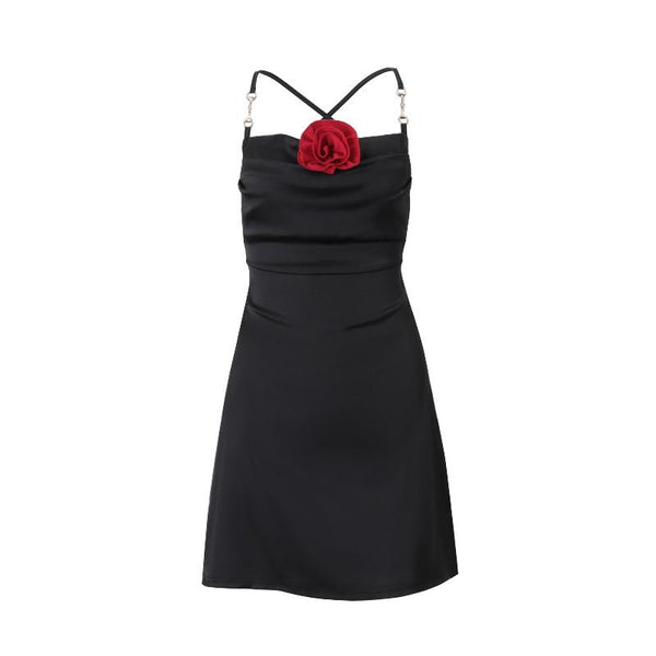 Cross back flower applique self tie mini dress