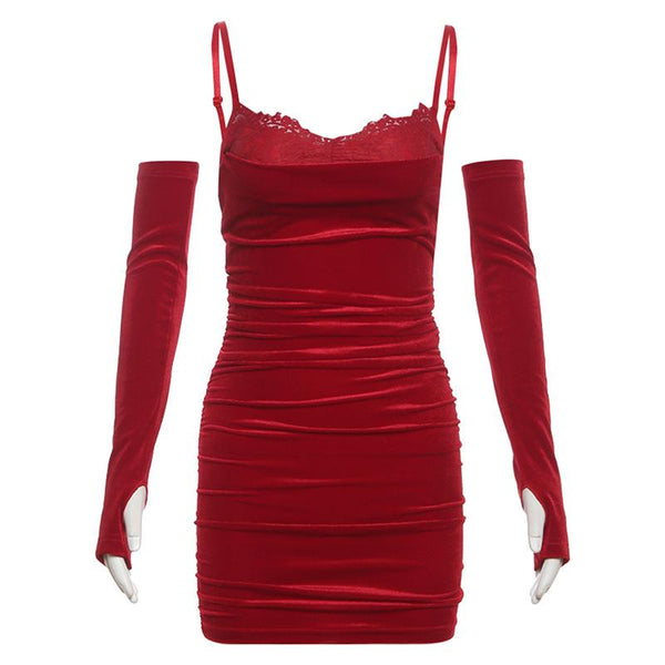 Ruched gloves velvet v neck lace hem mini dress
