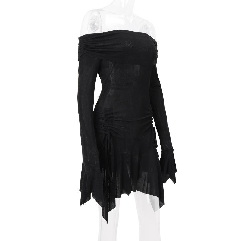 Long flared sleeve off shoulder ruched mini dress