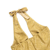 Vestido largo de encaje con cuello halter, abertura, cremallera y lazo 