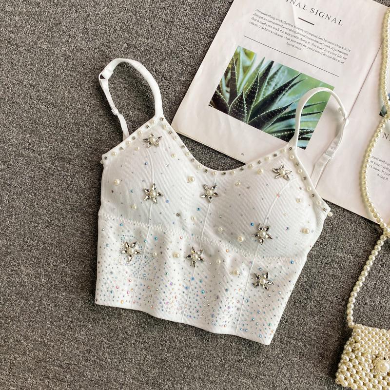 Haut camisole dos nu rembourré à col en V et perles 