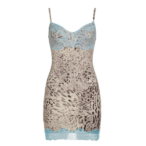 Leopard print v neck lace hem cami mini dress