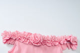 Off shoulder flower applique ruffle ruched mini dress