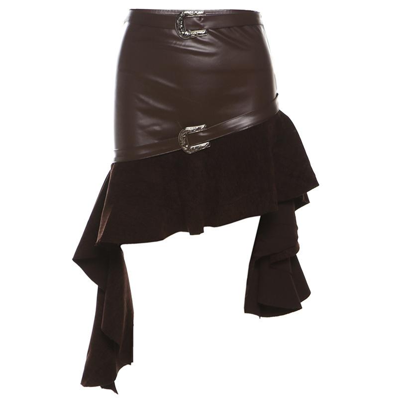 Irregular ruffle PU leather buckle mini skirt