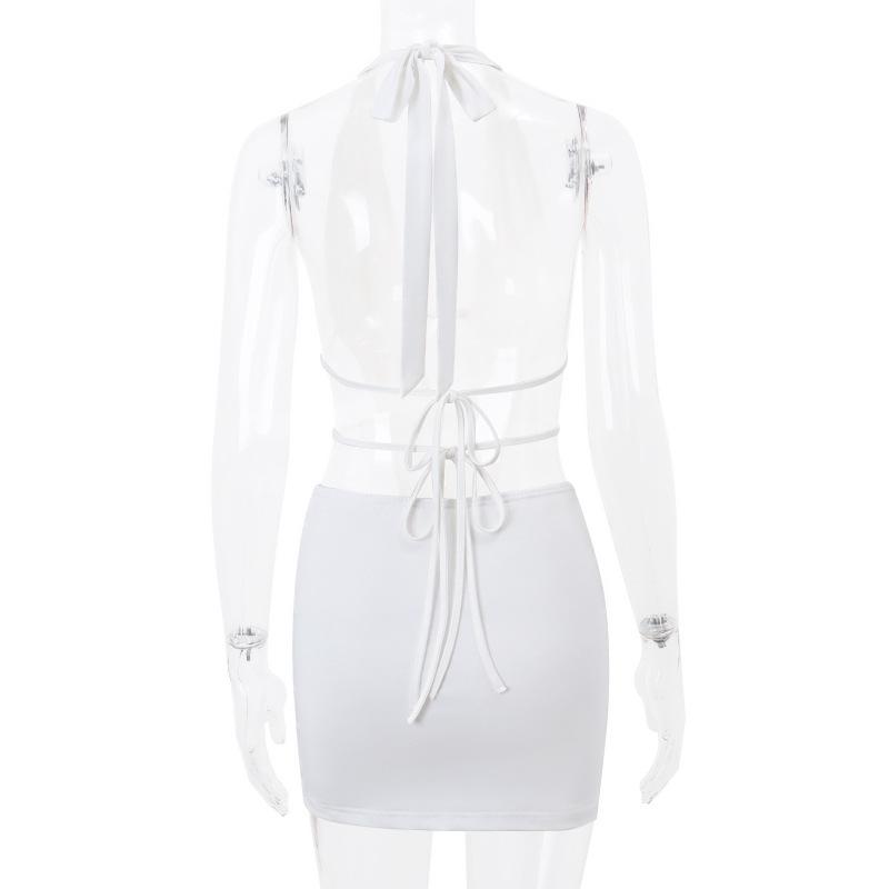 Minivestido halter con dobladillo de encaje anudado y calado 