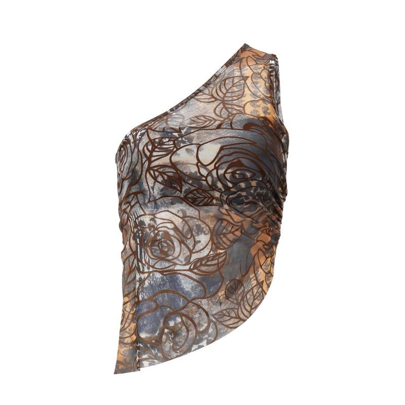 Top fruncido con estampado floral irregular de un solo hombro 