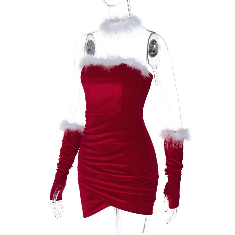 Robe mini tube dos nu avec gants en plumes froncés 