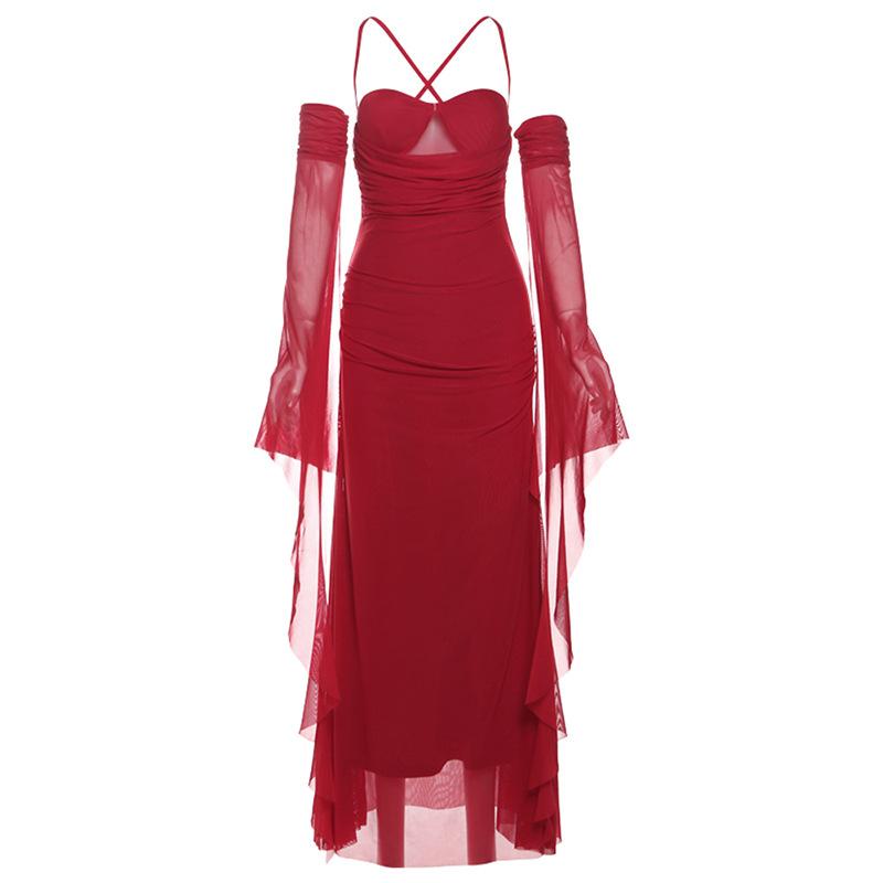 Cross back ruched gloves mesh cami maxi dress