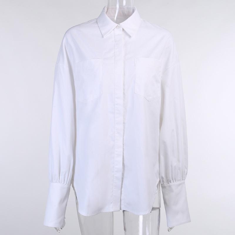 Long sleeve button turnover collar pocket solid top