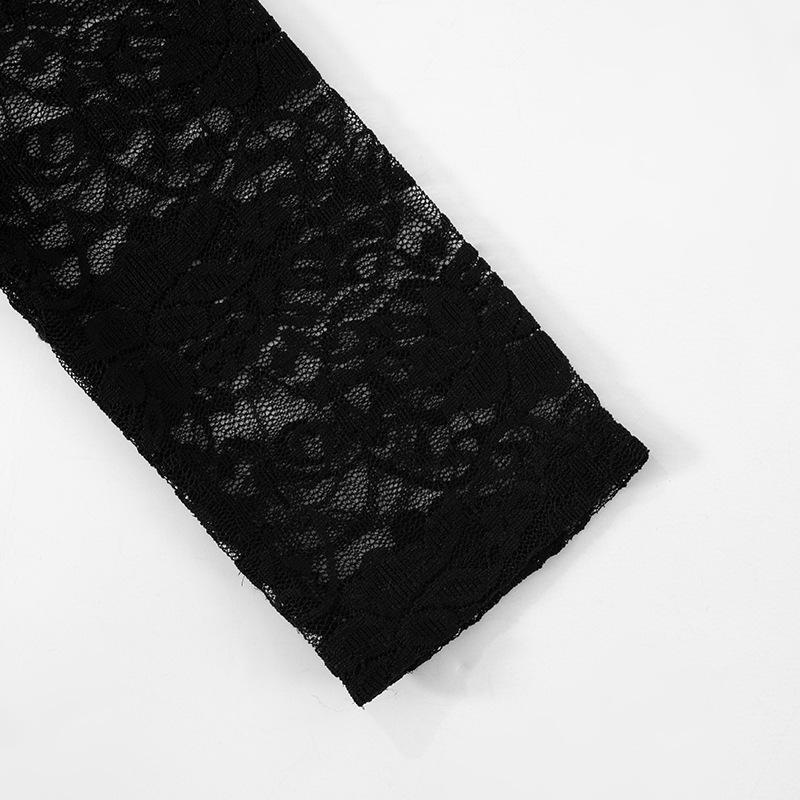 Long sleeve crewneck lace see through solid top