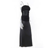 Ruched slit mesh spaghetti strap midi dress