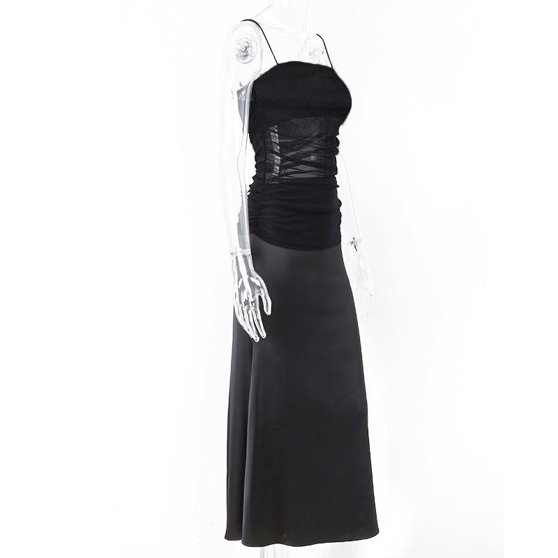 Ruched slit mesh spaghetti strap midi dress