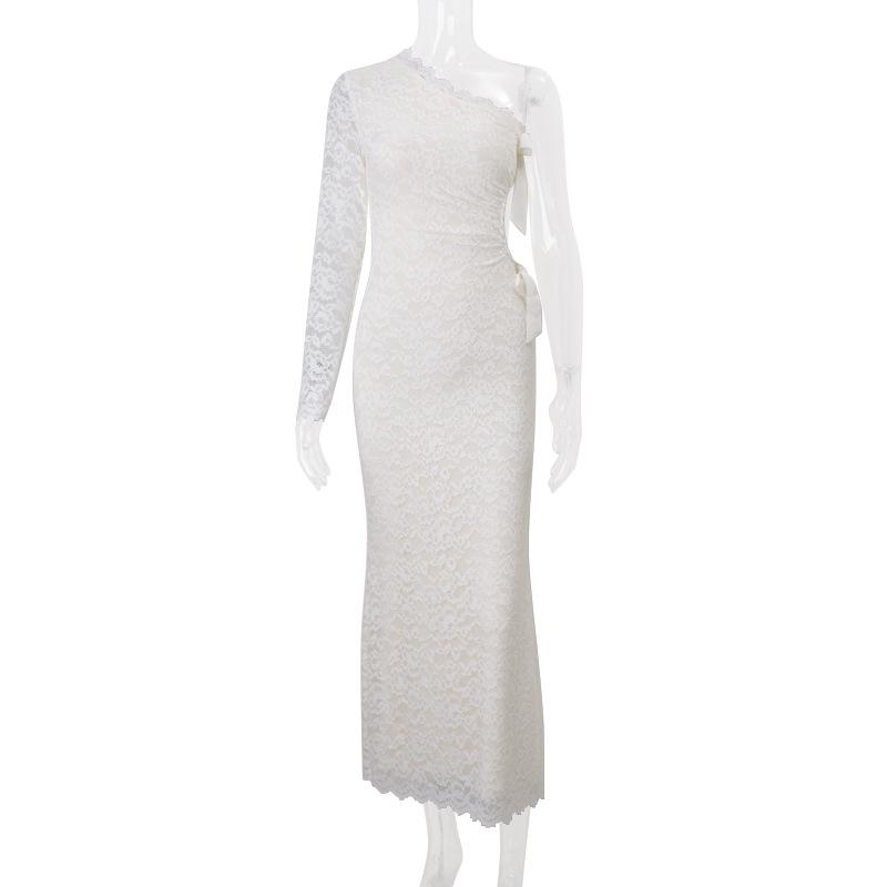 Vestido largo con lazo y dobladillo de encaje de manga larga calada 