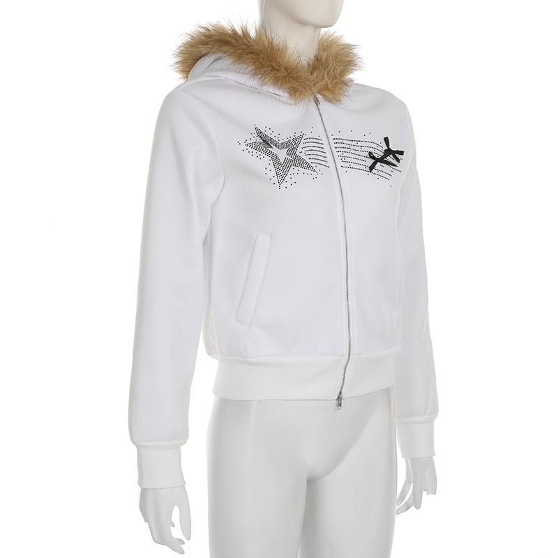 Sweat à capuche zippé et moelleux avec perles et nœud papillon, haut à manches longues 