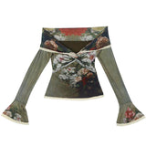 Top con estampado floral, dobladillo de encaje y hombros descubiertos, manga larga acampanada 