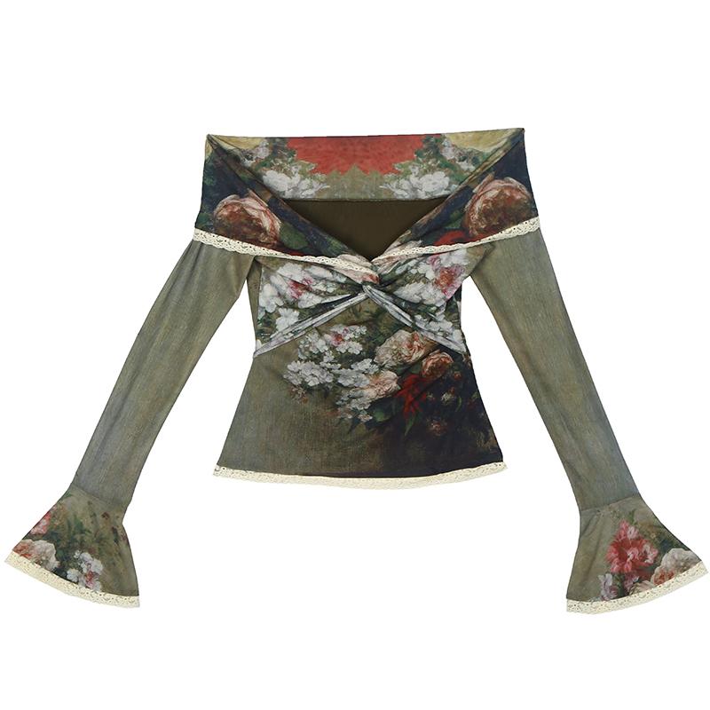 Top con estampado floral, dobladillo de encaje y hombros descubiertos, manga larga acampanada 