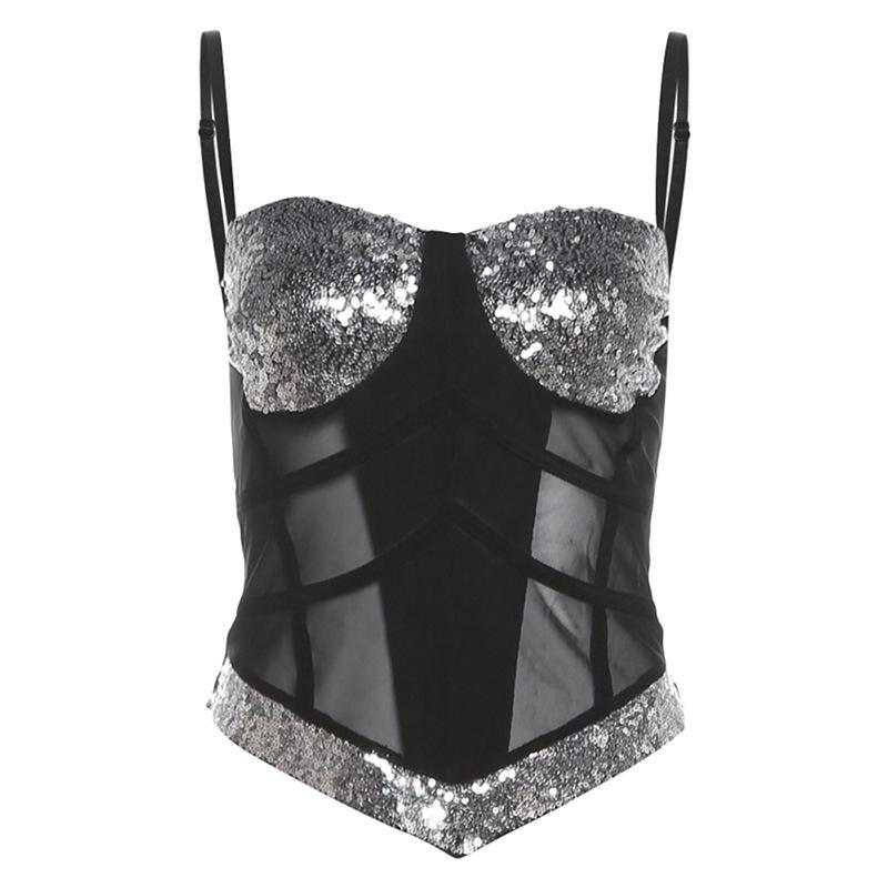 Haut camisole dos nu en maille à col en V pailleté 