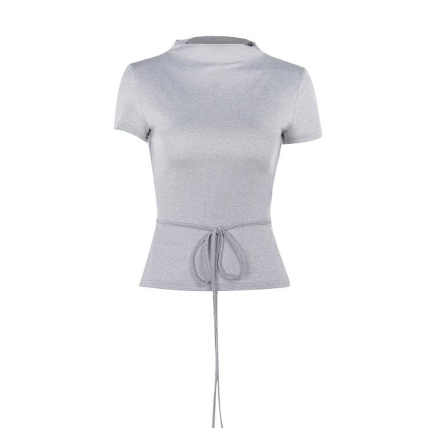 Short sleeve crewneck self tie backless top