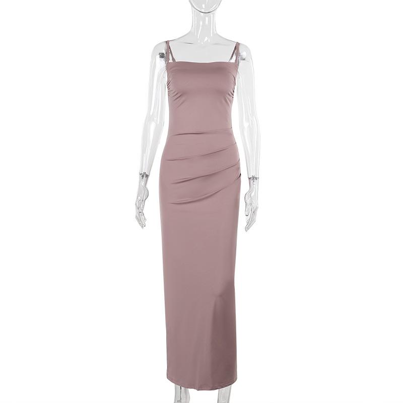 Ruched slit square neck solid cami maxi dress