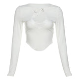 Long sleeve crewneck hollow out lace ribbed top