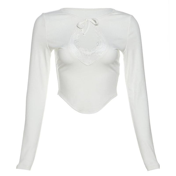 Long sleeve crewneck hollow out lace ribbed top