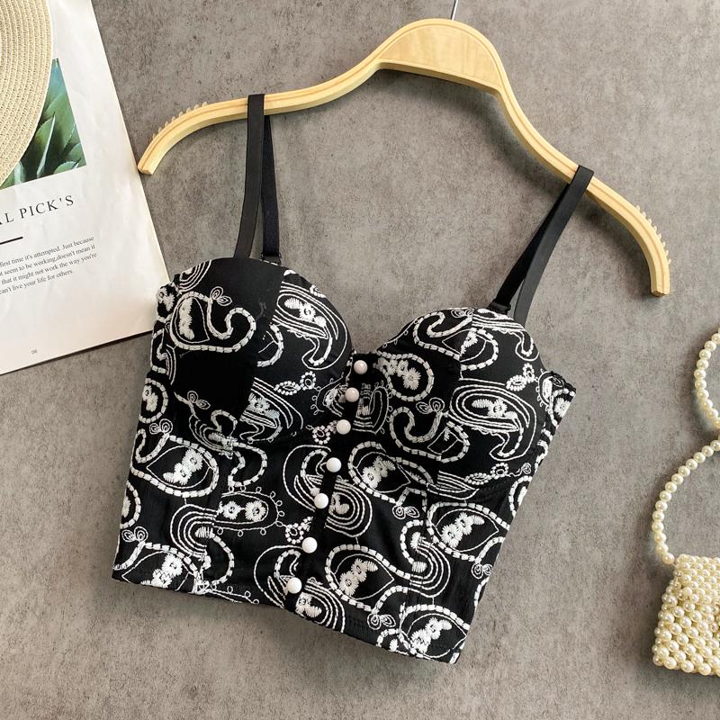 Embroidery v neck backless button cami top