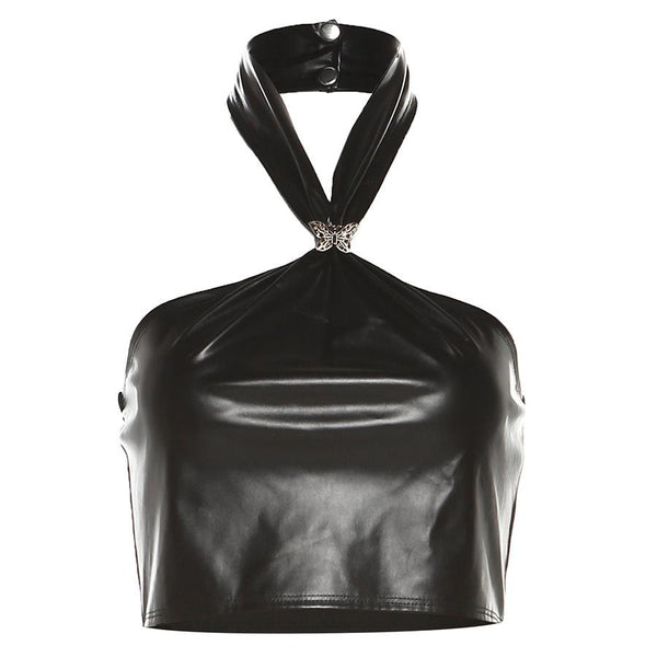 Haut licou en cuir PU avec boutons et appliques papillon 