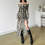 Vestido midi con volantes, estampado floral y hombros descubiertos de manga larga 
