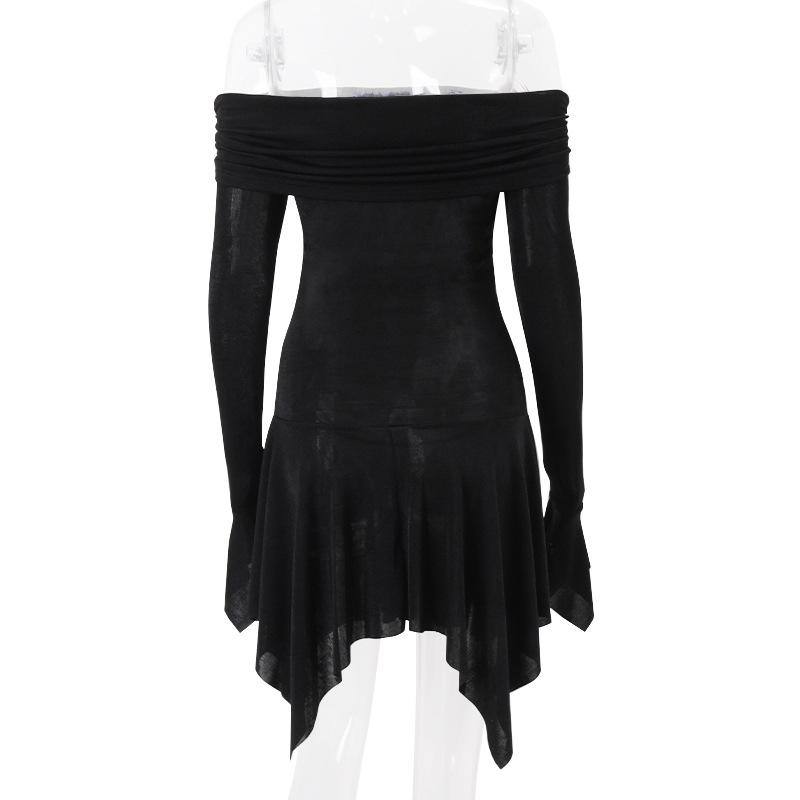 Long flared sleeve off shoulder ruched mini dress