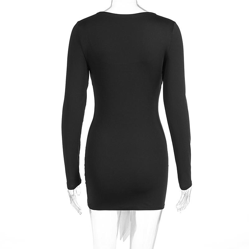 Vestido mini con escote en V, dobladillo de encaje y manga larga con lazo 