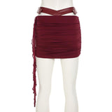 Ruched hollow out PU leather irregular mini skirt