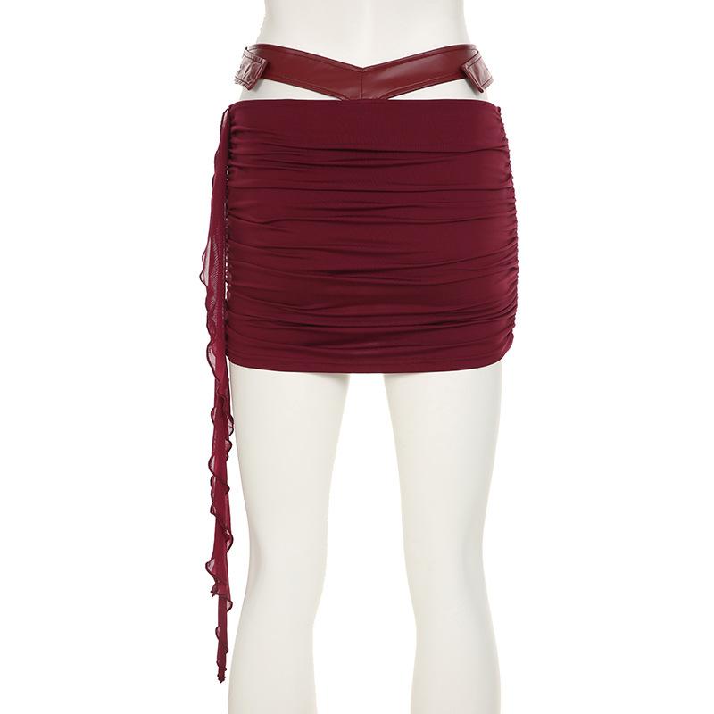 Ruched hollow out PU leather irregular mini skirt