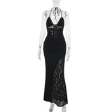 Robe longue froncée à col en V et licou en dentelle 