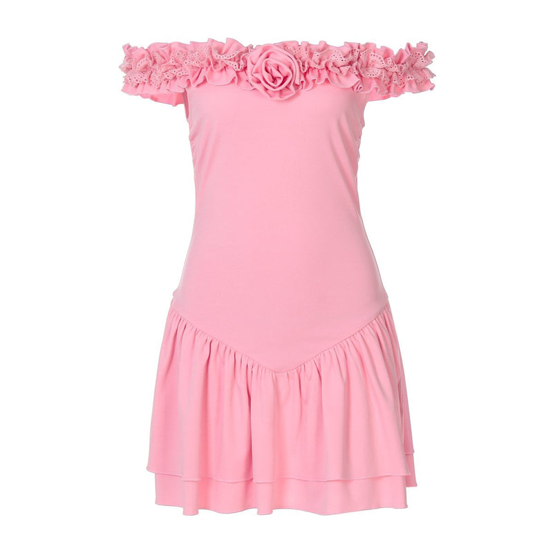 Off shoulder flower applique ruffle ruched mini dress