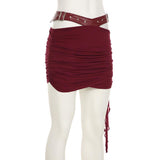 Ruched hollow out PU leather irregular mini skirt