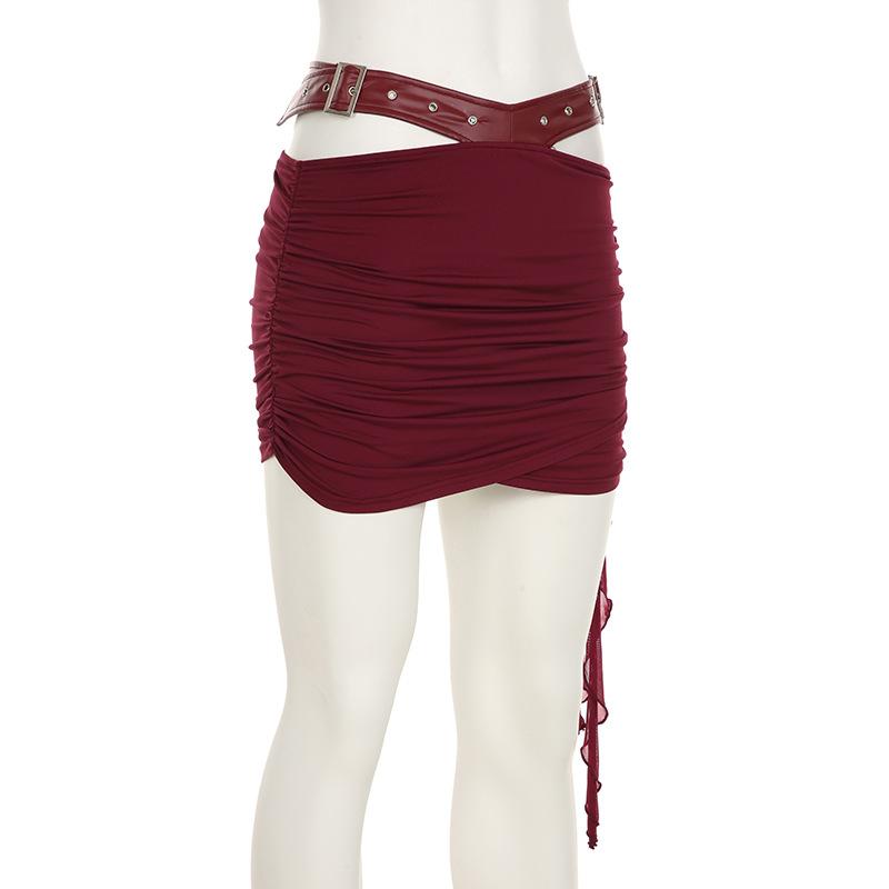 Ruched hollow out PU leather irregular mini skirt