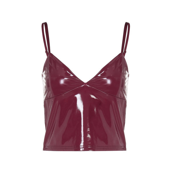 Top camisola de piel sintética con cuello en V y espalda descubierta 