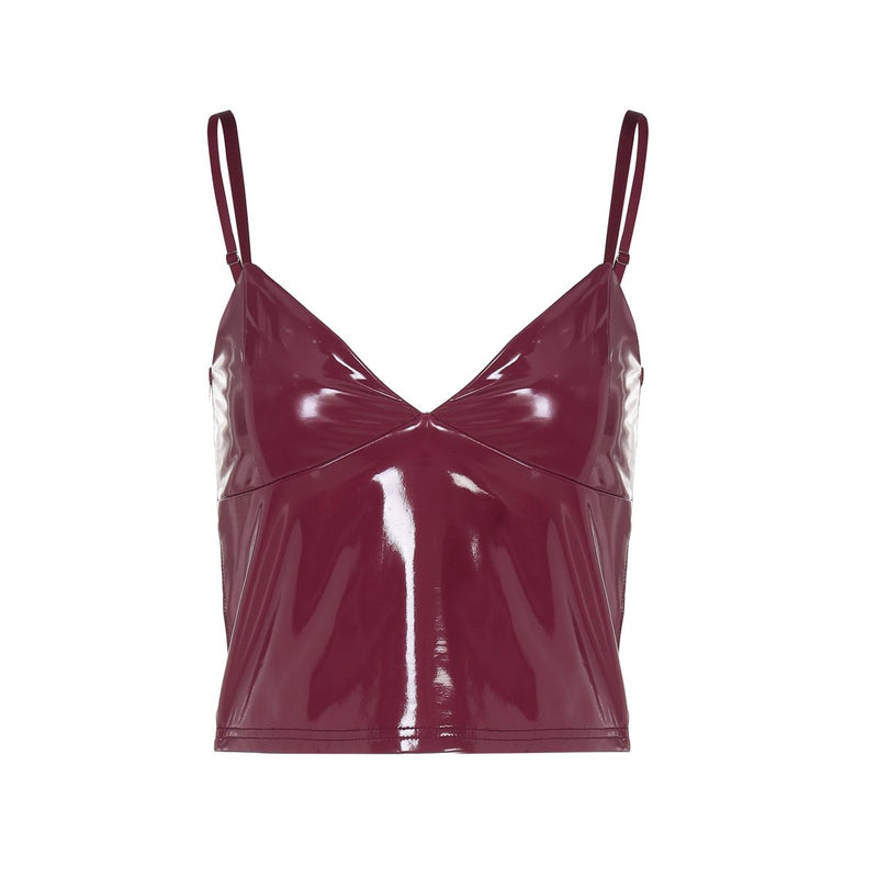 Top camisola de piel sintética con cuello en V y espalda descubierta 