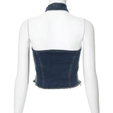 Halter zip-up slit denim buckle raw hem top