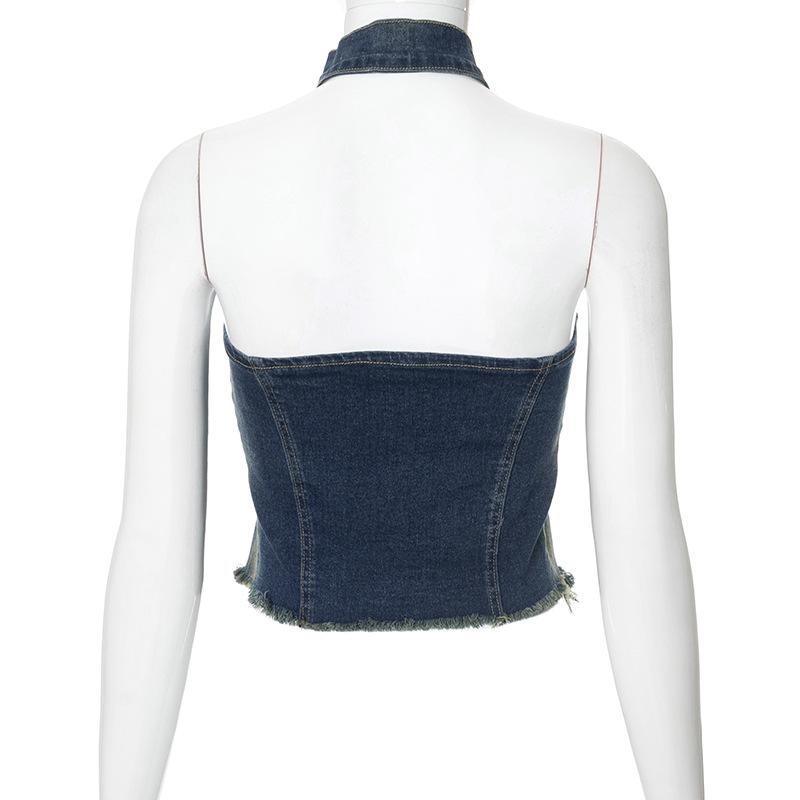 Halter zip-up slit denim buckle raw hem top