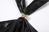Halter PU leather button butterfly applique top