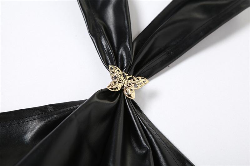 Halter PU leather button butterfly applique top